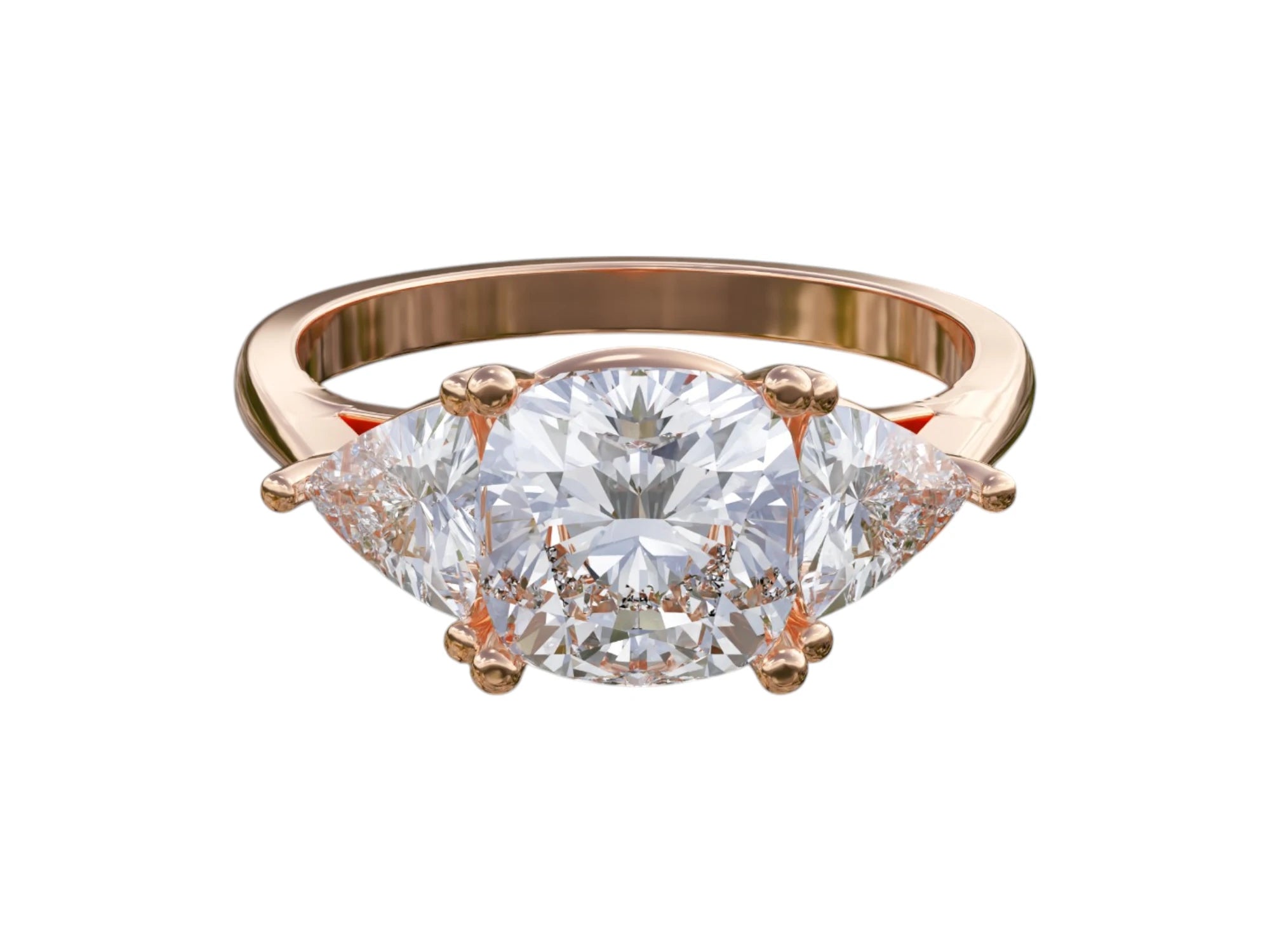 Rose gold cushion and trillion diamond engagement ring with IGI certified lab-grown diamonds