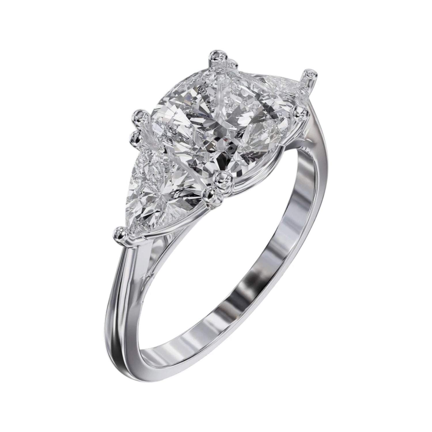 Side angle view of white gold engagement ring with cushion and trillion cut diamonds