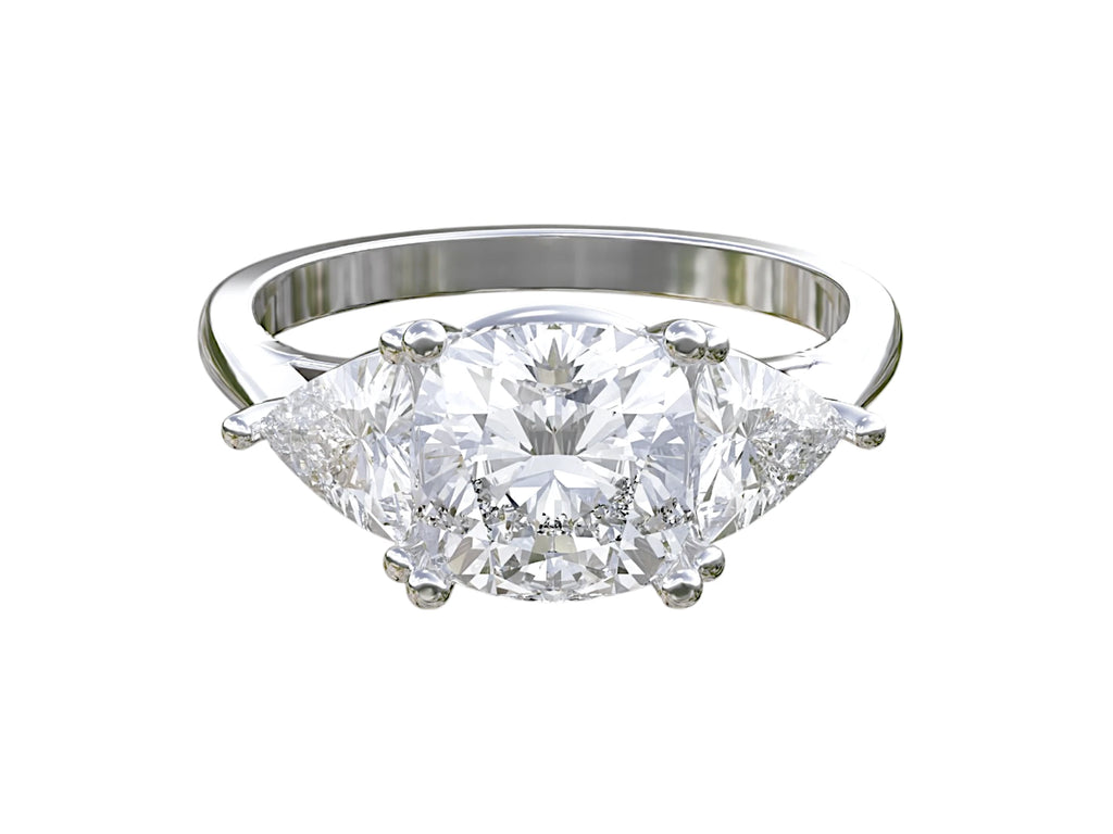 White gold cushion and trillion lab-grown diamond engagement ring in elegant prong setting