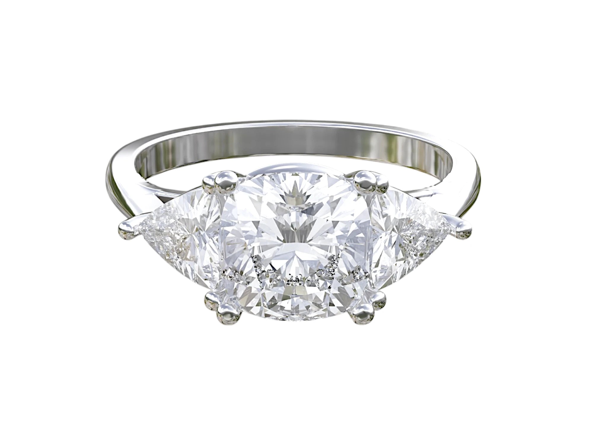 White gold cushion and trillion lab-grown diamond engagement ring in elegant prong setting