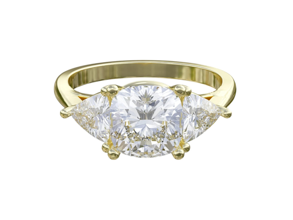 Yellow gold cushion cut and trillion side diamond engagement ring with IGI certification