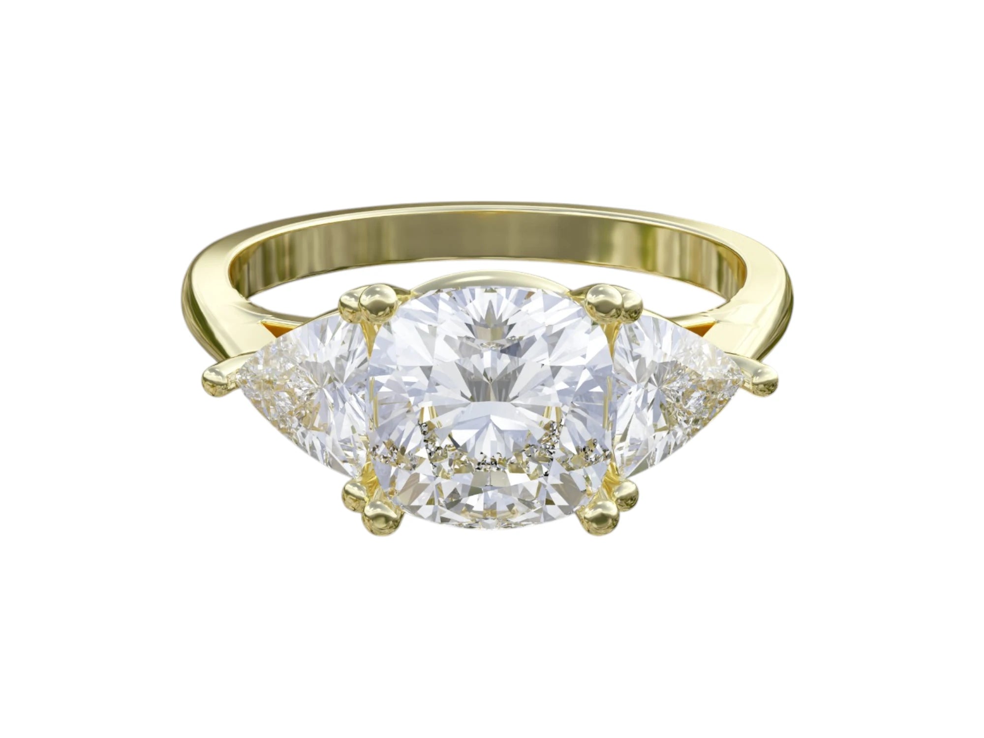 Yellow gold cushion cut and trillion side diamond engagement ring with IGI certification
