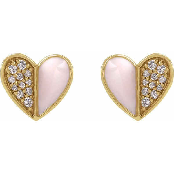 Diamond Pink Enamel Heart Earrings – 14K Gold