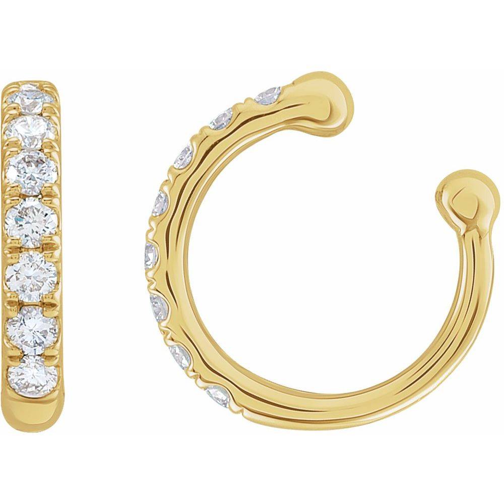 Close-up of 14K gold Diamond Ear Cuff featuring dazzling diamonds in a sleek, modern design.