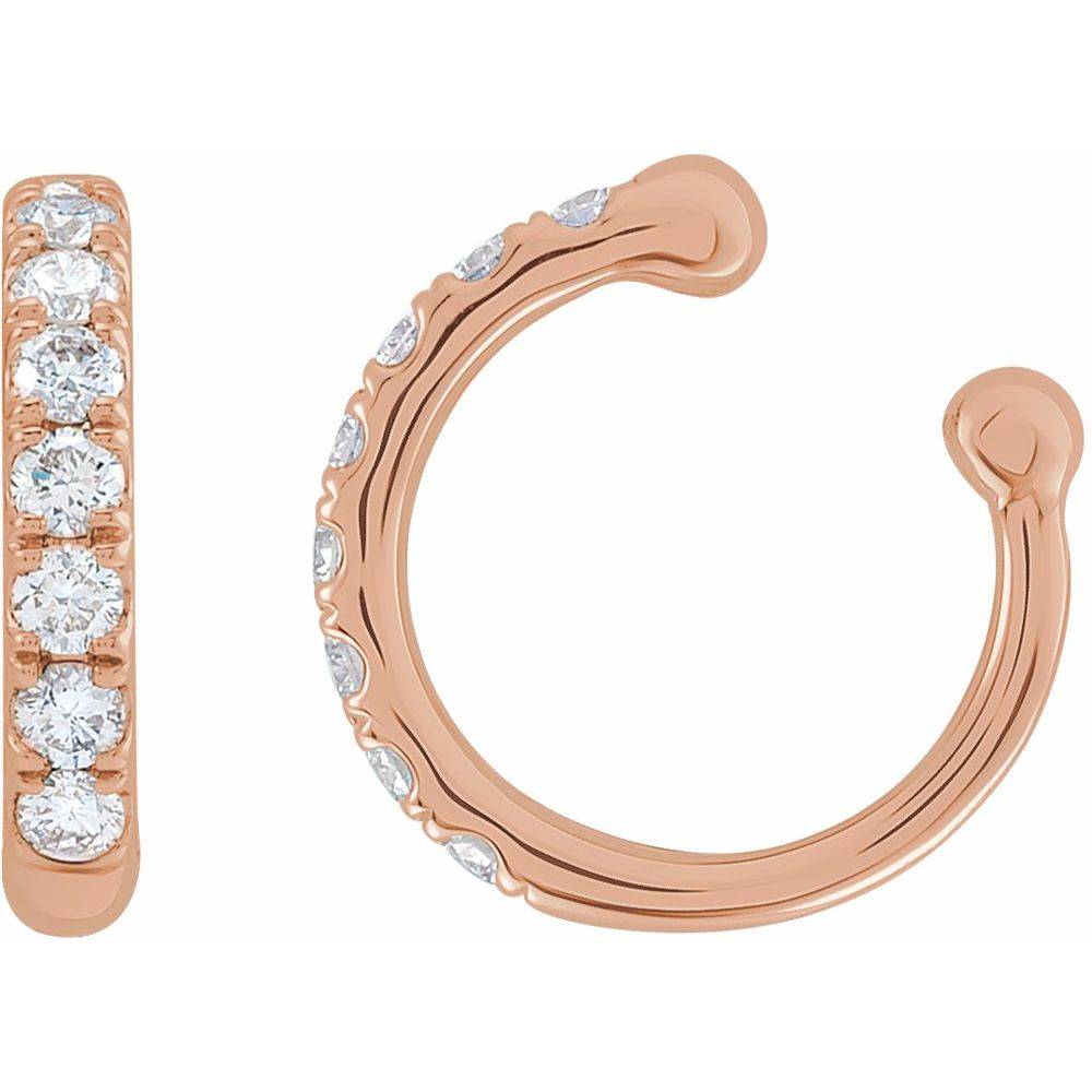 Close-up of 14K rose gold Diamond Ear Cuff featuring dazzling diamonds in a sleek, modern design.