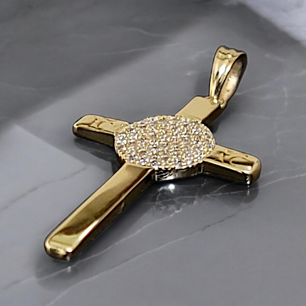 14K yellow gold diamond cross pendant detail view showing VS diamonds by Dimitrios Creations