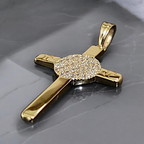 14K yellow gold diamond cross pendant detail view showing VS diamonds by Dimitrios Creations