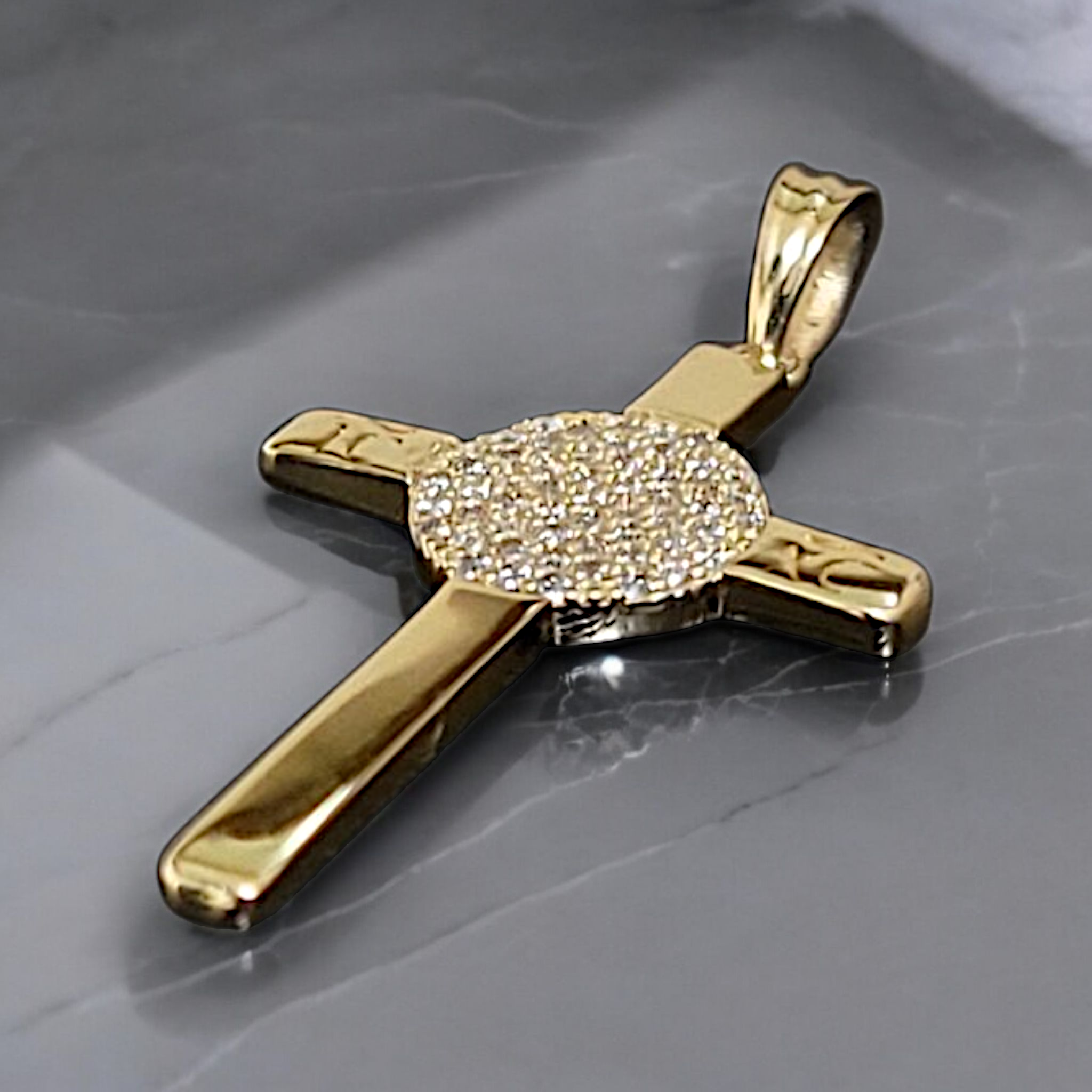 14K yellow gold diamond cross pendant detail view showing VS diamonds by Dimitrios Creations
