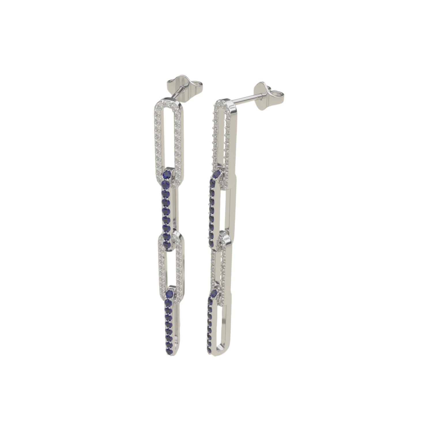Link Style Sapphire & Diamond Drop Earrings in 14K White Gold