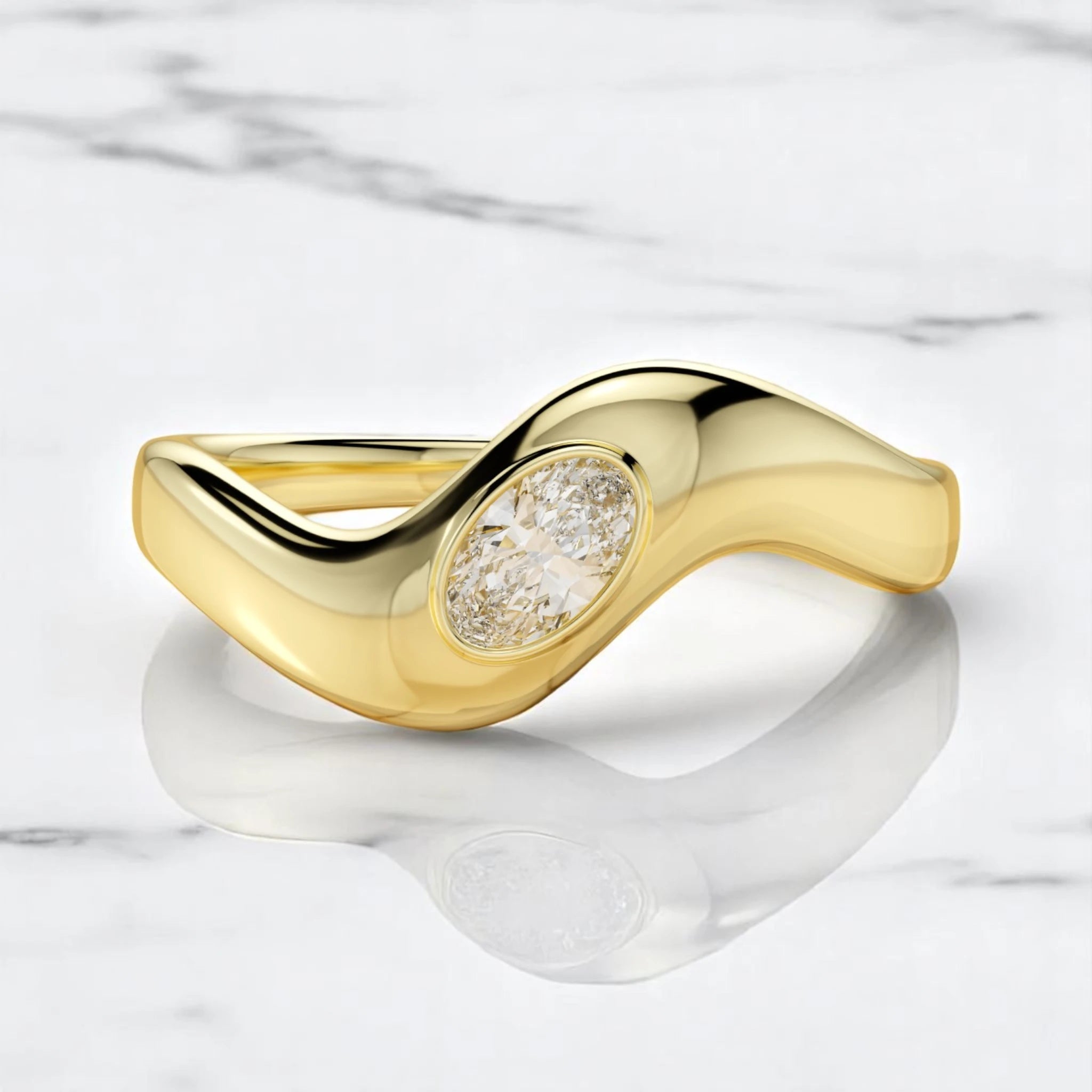 14K yellow gold sculpted ring with bezel-set oval lab-grown diamond, handcrafted by Dimitrios Creations