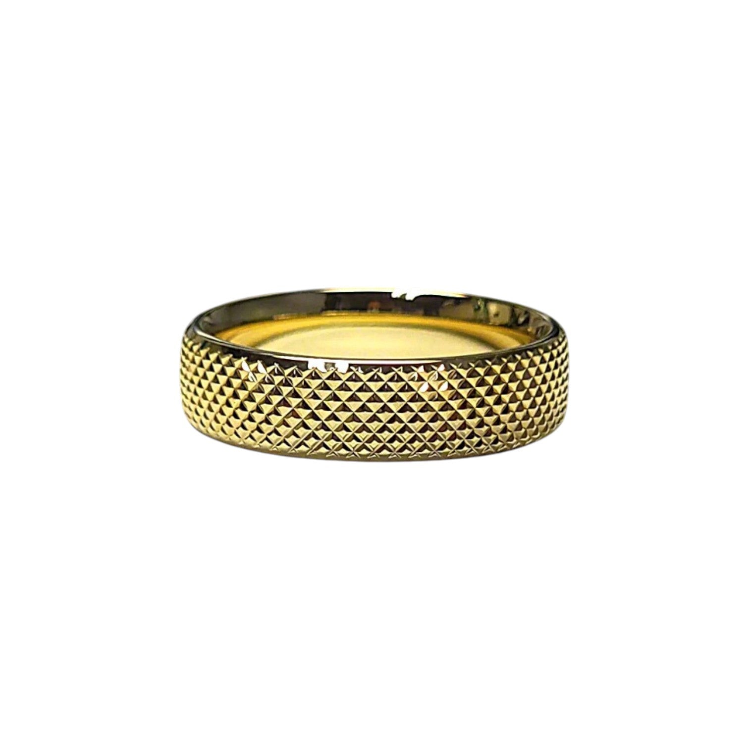 Solid 14K gold ring with diamond-cut Florentine texture on white background