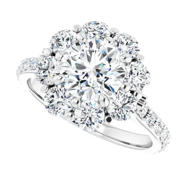 Close-up of floral engagement ring showcasing petal details and diamond center.