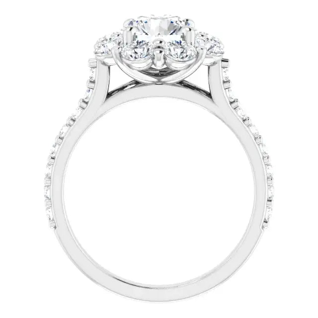 Unique flower-inspired engagement ring with round-cut diamonds.