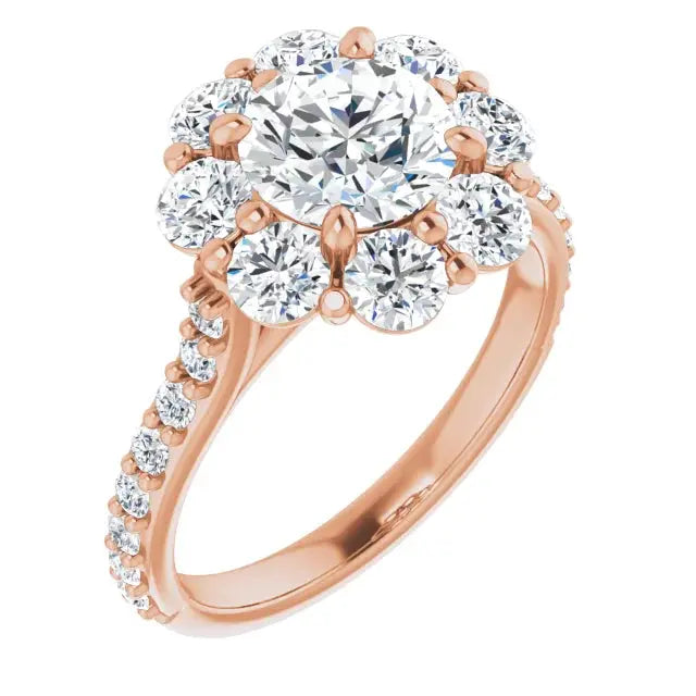 Floral engagement ring with diamond flower design in rose gold.