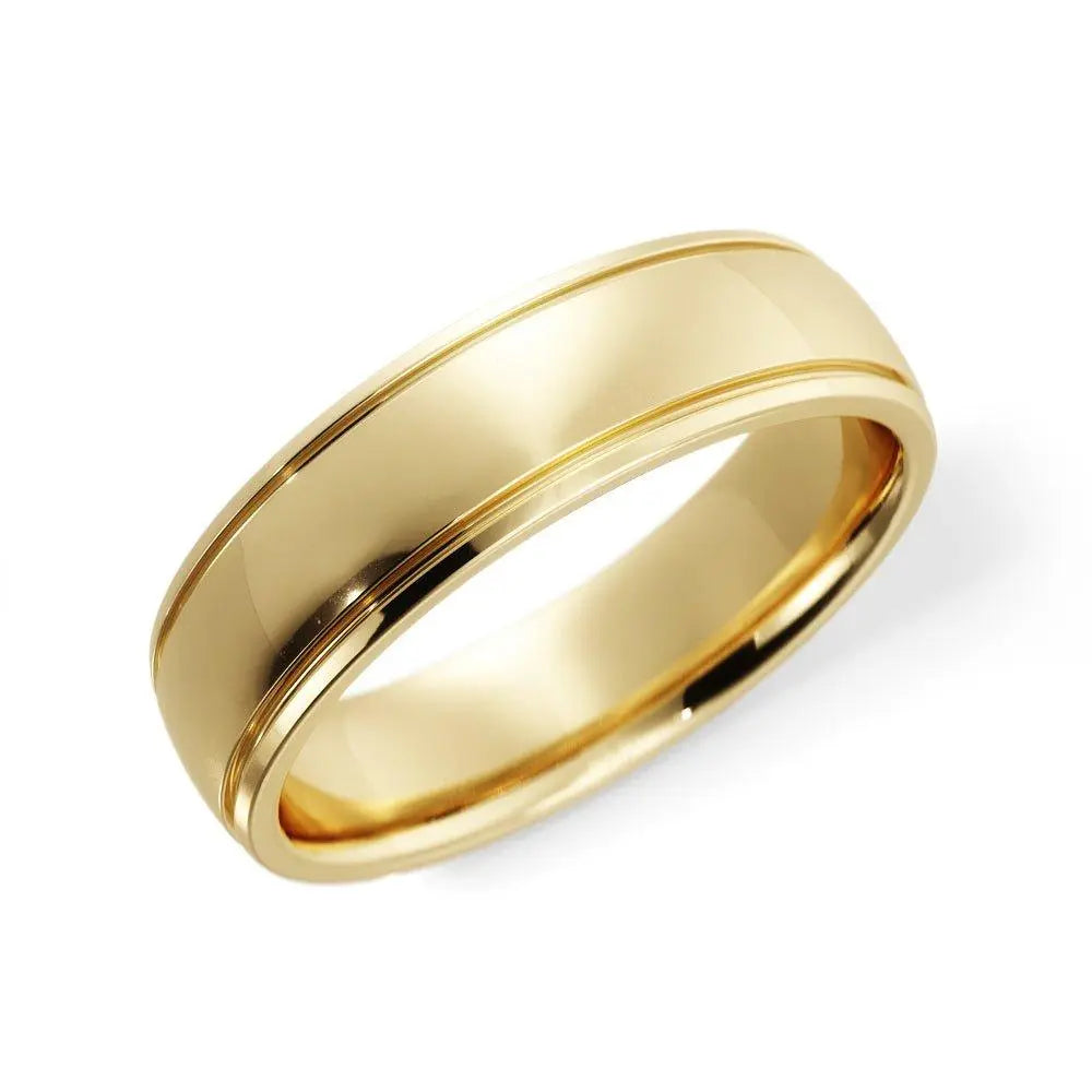 14K gold 5mm groove edge wedding band with polished finish for men and women.