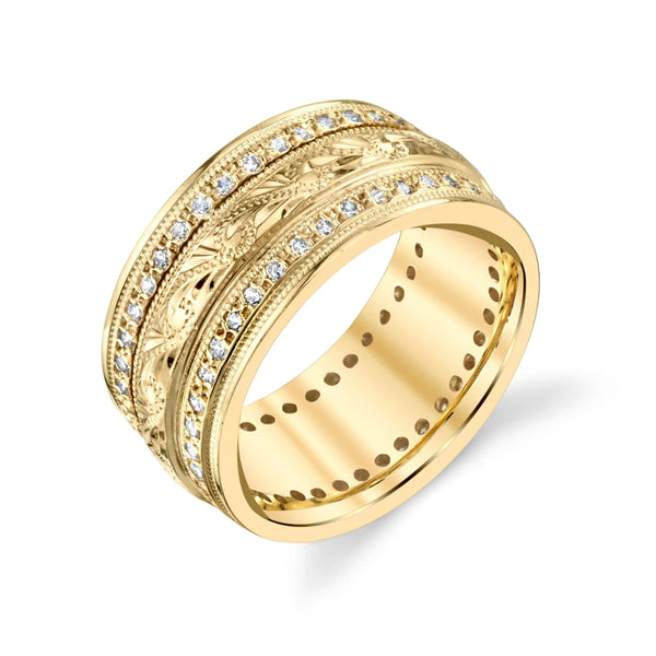 Hand-Engraved Diamond Wedding Ring – 14K Gold