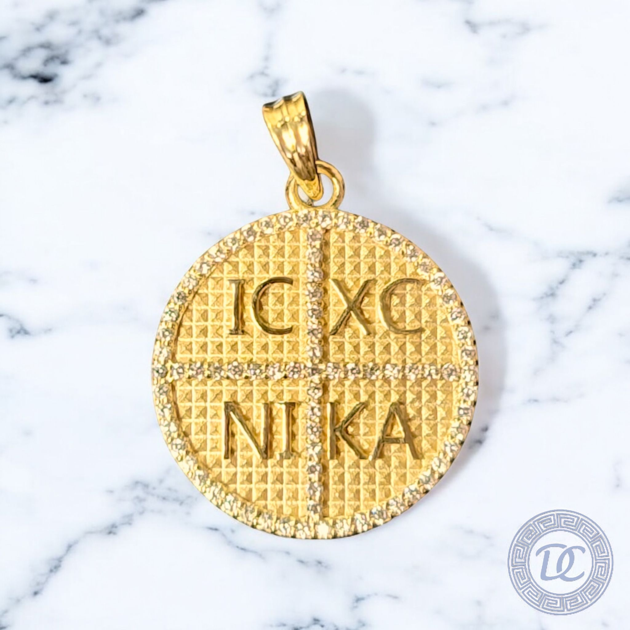 14K gold IC XC NIKA Konstantinato pendant with diamond pavé cross design by Dimitrios Creations
