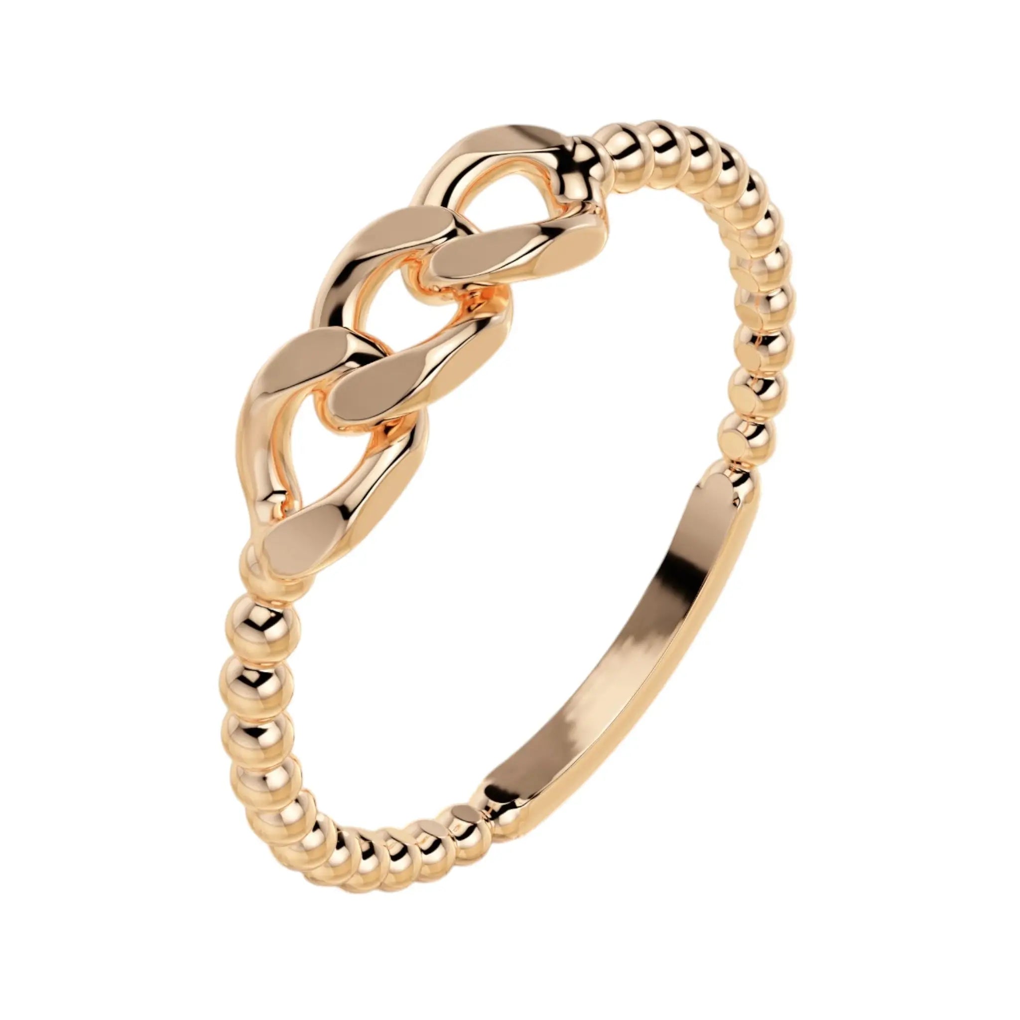 Artistic angle of Kleio ring showing shine and link pattern – Dimitrios Creations