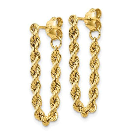 Close-up of 18mm rope chain earrings in 14K gold, showcasing intricate details