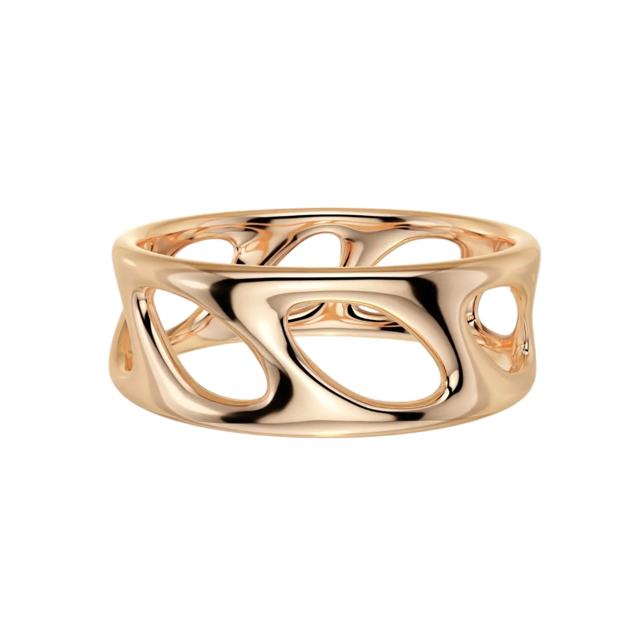 Wide chunky rose gold band reflecting light, handcrafted in NYC