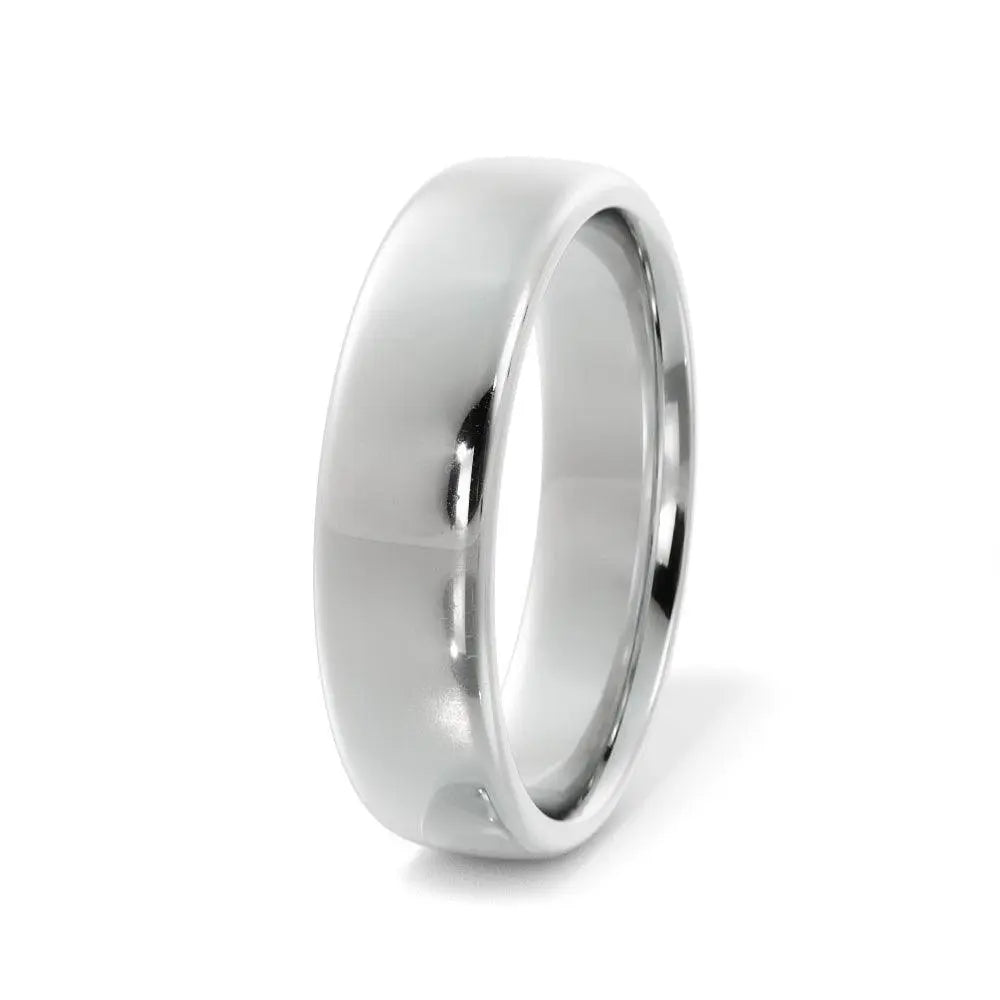 Platinum 5mm rounded edge wedding band with polished finish – front view highlighting timeless craftsmanship.