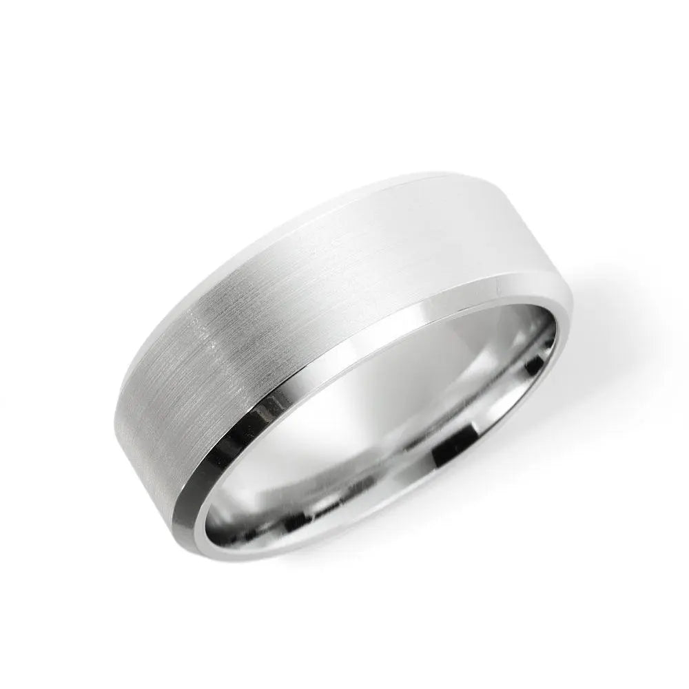 Men's and women's silver wedding band with comfort fit and satin finish