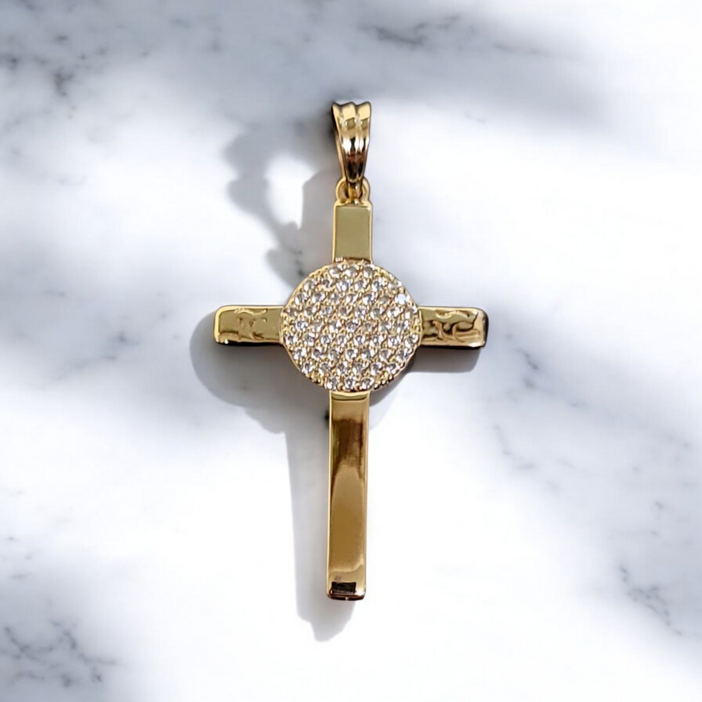 14K yellow gold diamond cross pendant with pave setting by Dimitrios Creations