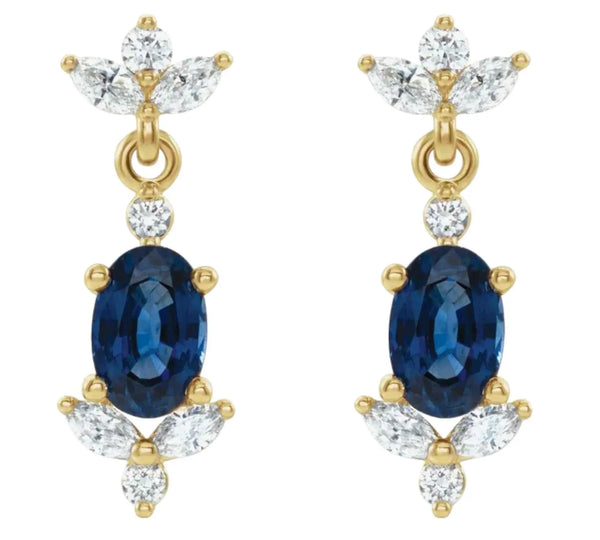 14K Gold Blue Sapphire and Diamond Dangle Earrings – Unique Luxury Design - 2