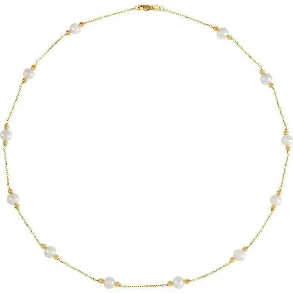 14K Gold White Pearl 10 Station Necklace – Elegant Freshwater Pearl Jewelry