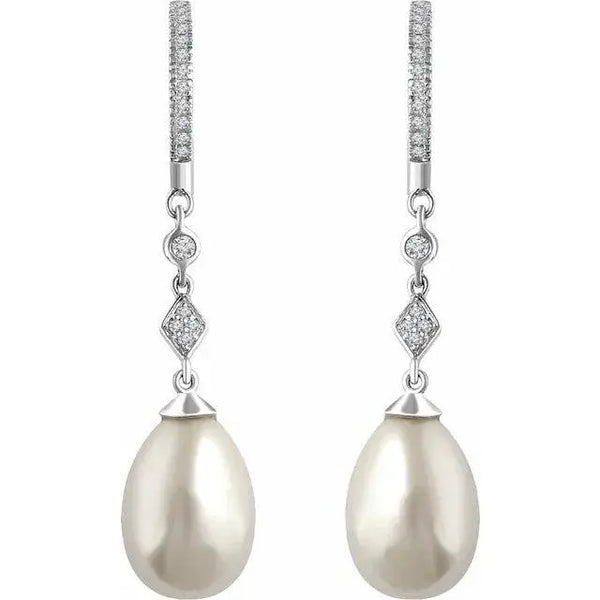 14K White Gold Pearl and Diamond Dangle Earrings – Timeless Handcrafted Elegance - 2