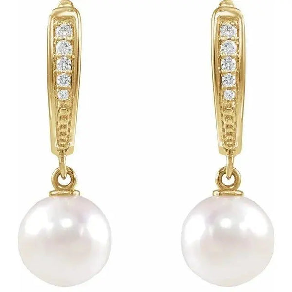 14K Gold White Pearl and Diamond Dangle Earrings – Radiant Elegance - 2