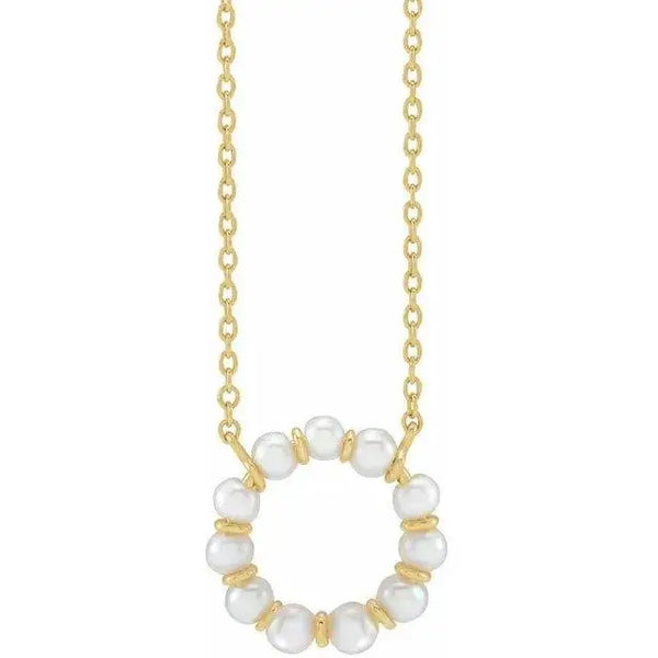 14K Gold White Pearl Circle Pendant Necklace – Elegant 18-Inch Freshwater Jewelry