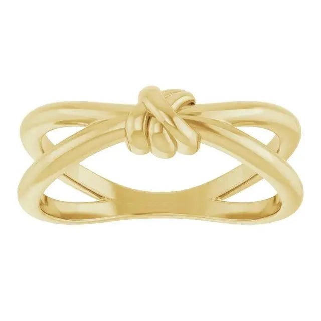 Front view of the Amara Plain 14K gold love knot ring, showcasing its intricate knot detail. A minimalist yet elegant piece for any occasion.