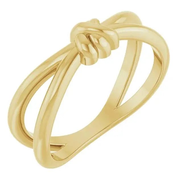 Amara Plain 14K gold love knot ring featuring an elegant double-band design. A timeless symbol of unity, handcrafted for luxury and sophistication.