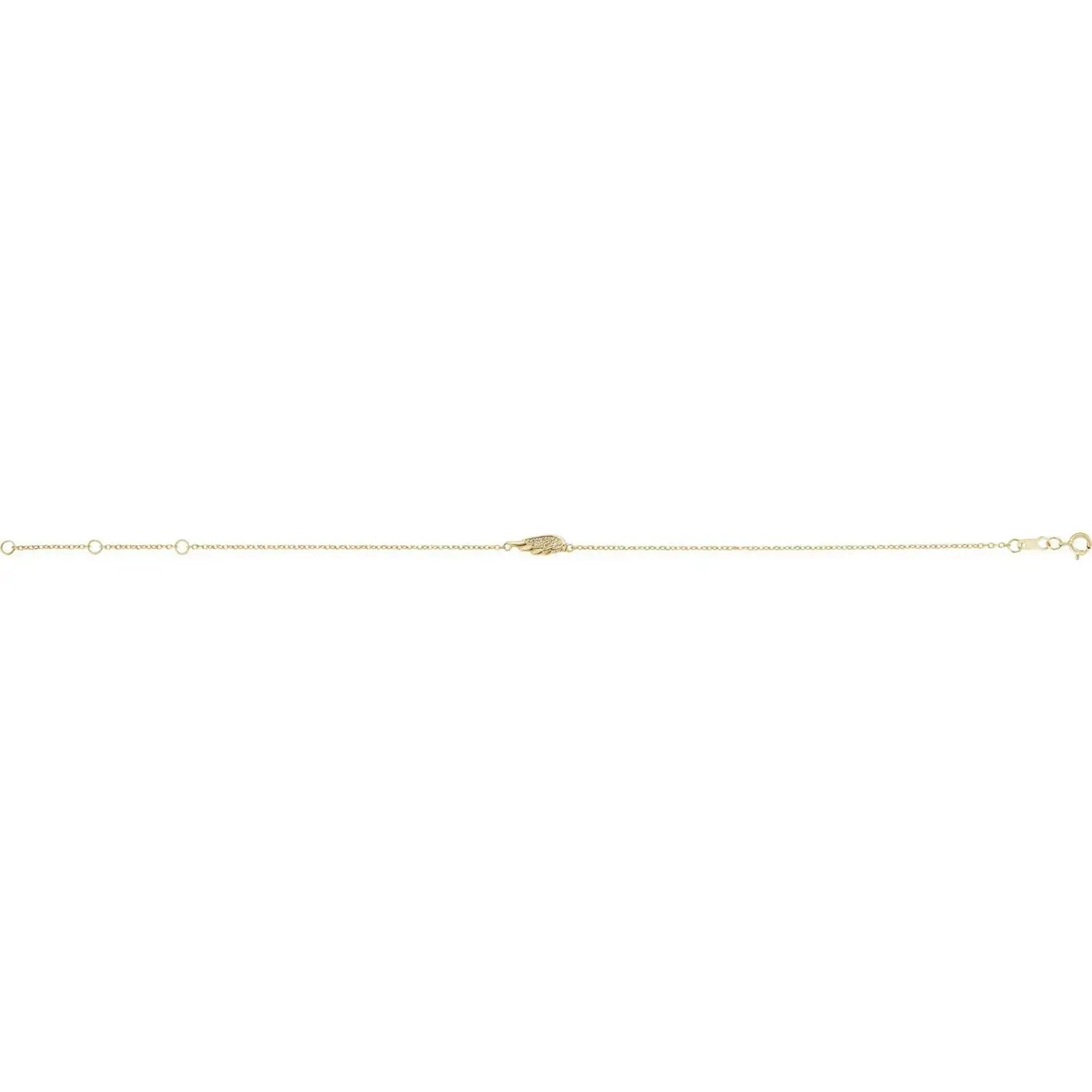 Minimalist angel wing bracelet in 14K gold with diamond accents. Adjustable chain design for a perfect fit, crafted with precision and elegance.