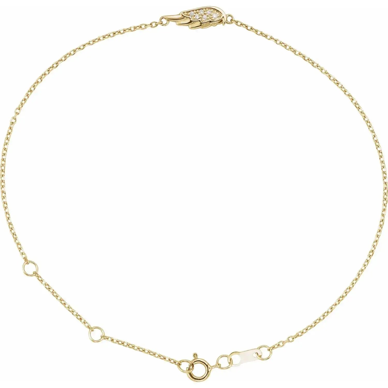 Close-up photo of 14K gold angel wing bracelet set with natural diamonds, handcrafted in NYC.
