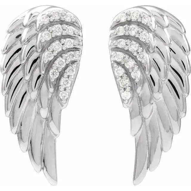 Sophisticated 14K white gold angel wings diamond earrings adorned with sparkling diamonds – ideal for formal wear.