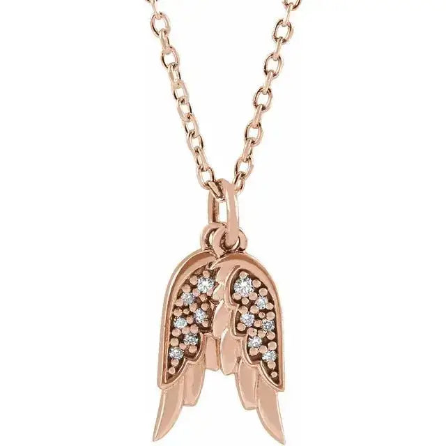 Rose gold Angel Wings Necklace with diamond details. A beautifully handcrafted pendant necklace symbolizing grace and timeless beauty.