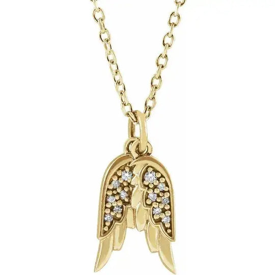 Angel Wings Necklace in 14K gold with diamond accents. Features a delicate wing-shaped pendant on a fine gold chain, perfect for elegant styling.