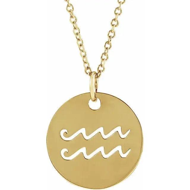 Aquarius zodiac disc necklace handcrafted 14K gold