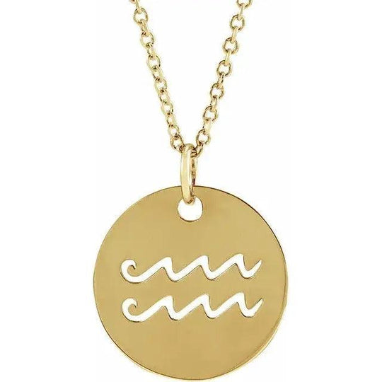 Aquarius zodiac disc necklace handcrafted 14K gold