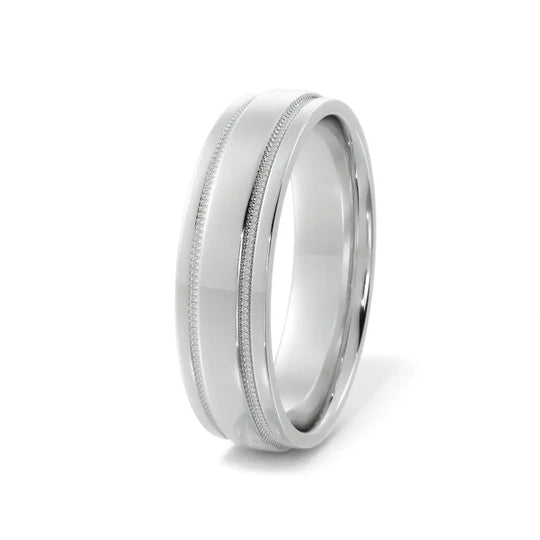 Silver wedding band with milgrain groove cut design and polished finish – front view.