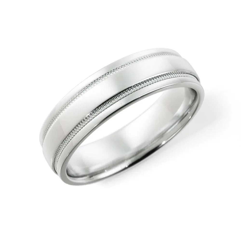 6mm silver polished wedding ring featuring a timeless milgrain edge – side angle.