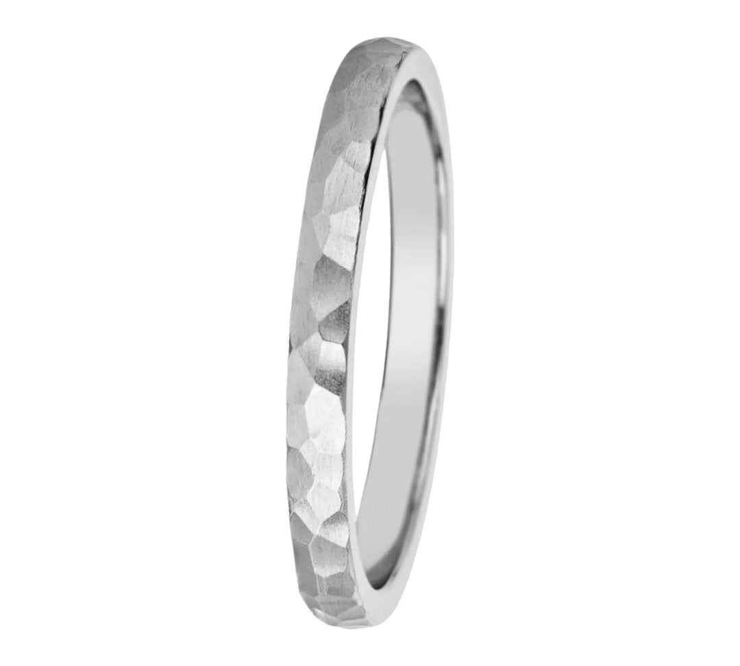 Dainty textured 2mm gold stacking ring in white gold.