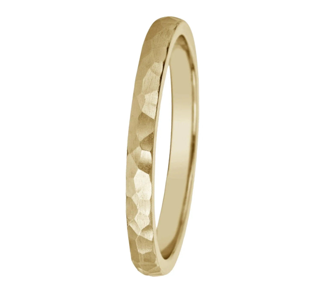 Handcrafted 2mm hammered gold ring in 14k yellow gold with textured finish