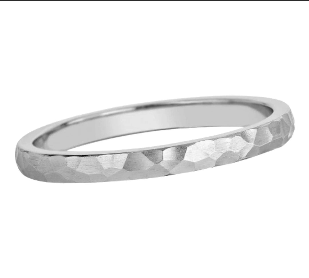 14k gold hammered thin wedding band for everyday wear.