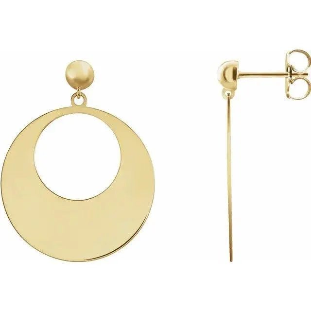 Close-up photo of 14K gold Aurora disc dangle earrings, handcrafted in NYC.