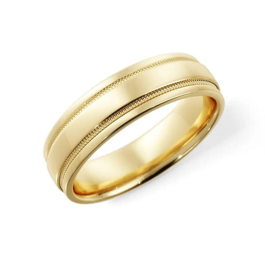 Classic yellow gold wedding band with milgrain groove cut design – side angle.