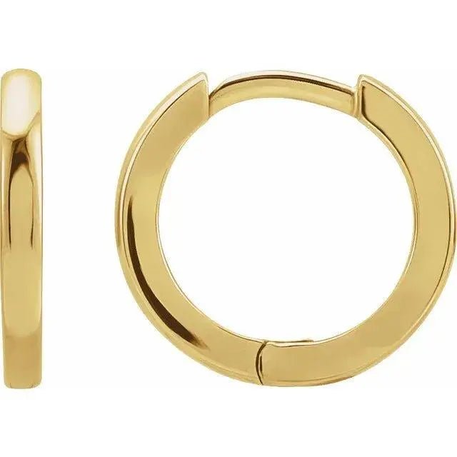 Close-up photo of 14K gold hinged hoop earrings with high-polish finish, handcrafted in NYC.