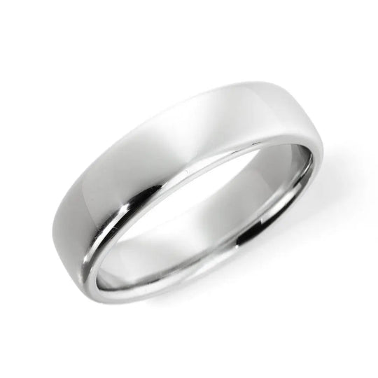 Modern 10k white gold wedding ring with a sleek polished finish and rounded edge – side view.